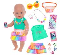 13 piezas de ropa para muñecas compatibles con muñecas de bebé recién nacidos de 35 a 43 cm, pentagramas coloridos con chalecos, bolsillos de falda, gafas, collares, pulseras, clips, pegatinas para