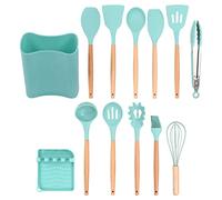 13 Piezas de Utensilios de Cocina de Silicona con de Madera, Espátula sin Palo, Cuchara, Juego de Utensilios de Cocina con Soporte, Seguro y Duradero, Aislamiento Térmico,