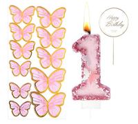 13 Piezas Decoración de Pastel de Cumpleaños Número 1 para Tartas,Vela Rosa Número 1 con Purpurina para Pastel de Mariposa,Decoración de Pastel de Primer Cumpleaños de Niñas