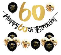 13 Piezas Pancarta 60 Cumpleaños,Oro Negro Decoracion 60 cumpleaños,Happy 60th Birthday Pancarta Feliz Cumpleaños, Pancarta con 12 Globos Cumpleaños Adornos Kit para 60 Cumpleaños Hombre Niños Niñas
