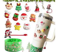 13 piezas Stanley Cup accesorios para Navidad, con tapón de paja, protector de maletero de silicona para vaso, colgante, 10 pegatinas 3D para Stanley Cup Vaso 20oz 30oz 40oz (Verde)