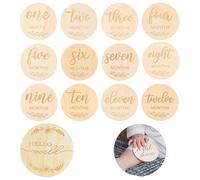 13 Piezas Tarjetas Cumple Mes Bebé y Letrero de Anuncio de Bebé de Madera Set, Tarjetas Milestone Doble Cara, 15cm Hello World Placa Redonda, para Regalo Baby Shower Decoración Guardería