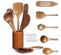 13 Piezas Utensilios de Cocina Madera Set de Utensilios de Cocina Menaje de Cocina de Teca Cucharas y Espátulas de Madera para Cocinar con soporte,reposacucharas y ganchos