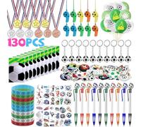 130 Uds Detalles Fiesta Fútbol Niños, Kit Regalos Cumpleaños Mundial 2026 con Medallas de Oro, Silbatos, Llaveros 3D, Bolígrafos y Tatuajes, Juguetes Piñata Deporte & Bolsas de Regalo