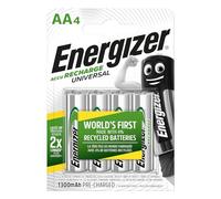 Energizer Recharge Universal - Pila Recargable AA (Paquette de 4) Batería 1350 mAh NiMH - precargada - para dispositivos uso frecuente y cientos de recargas - Embalaje 100 % reciclable y sin plástico