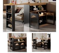 138-193 x 39 x 105 cm, moderna mesa de bar extensible, mesa de comedor extensible con espacio de almacenamiento, mesa alta, mesa de bistró, giratoria, para comedor, con tira de luz LED de 1 m de largo
