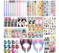 139 unidades de regalos de fiesta de gatos, 12 pegatinas, 12 pulseras de bofetada, 12 diademas, 12 animales, mini bloc de notas, 12 caras, 12 llaveros, 12 bolsas de favorabilidad, 42 pegatinas para