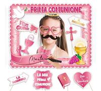 13Pcs Photocall Comunione Niña Rosa en Italiano, 1 * Marco de Fotos + 12 * Accesorios, Fotocall Fotocol Comunión Niña Original Divertido Cartulina Prima Comunione Decoración (Rosado)
