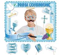 13Pcs Photocall Comunione Niño Azul en Italiano, 1 * Marco de Fotos + 12 * Accesorios, Fotocall Fotocol Comunión Niño Original Divertido Cartulina Prima Comunione Decoración (Azul)