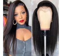 13x4 Lace Front Human Hair Wig Kinky Straight Wig Human Hair Wigs For Women 180% Density Pre Plucked Natural Hairline Yaki Lace Wigs With Curly Baby Hair Natural Black Color 22 Inch