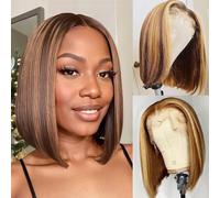 13x4 Lace Frontal Peluca Brésilien Straight Lace Wig Human Hair Virgin Natural de Mujer Short Suave Peluca de Pelo Humano Highlight Ombre 4/27# Peluca Brasileña Corta 14 Pulgadas