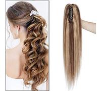 14"(35cm) SEGO Coleta Postiza con Pinza Pelo Natural Corta [#4/27 Castaño Chocolate/Rubio Oscuro] 100% Remy Extensiones de Clip Cabello Humano Lisa Claw Ponytail Hair (105g)