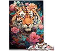 14.96" x 20.47" Rompecabezas para adultos, diseño de tigre floral fantástico, juguetes educativos con póster y hoja de preguntas y respuestas, 1000 piezas