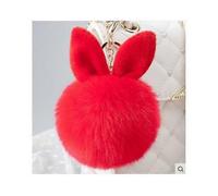 14 cm Rabbit Ears Fur Ball Bag Charms with Golden Keyring Pom Pom, Fluffy Fur Ball Keychain for Car Keyring, Charm Gift-Red