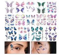 14 Hojas Pegatinas de Tatuaje Mariposa, Resistente al Agua Tatuajes Temporales Cara Arte Corporal Tatuajes de Purpurina para Mujeres Niñas Festivales Cosplay Ojos Maquillaje Facial
