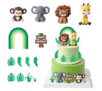 14 Pcs Decoracion Tartas Cumpleaños, con 1 Jirafa, 1 Mono, 1 Elefante, 1 León, 1 Cartel Cumpleaño, 1 Arco, 8 Hojas Decorar Tartas con Motivos de Selva, para Fiestas Cumpleaños Niñas Niños Baby Shower