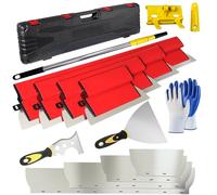 14 PCS Juego de Espátulas para Fachadas Profesional, 25/40/60/80 cm Hojas de Acero Inoxidable 0,35 y 0,5 mm, Mango Telescópico 1,28 m y Maletín para Pladur, Kit de Alisado para Yeso y Construcción Se