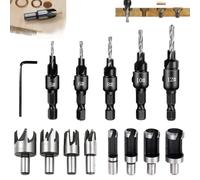 14 Piezas Brocas para Madera Kit, 8 Piezas Juego de Brocas Tipo Garra Cónica, 5 Piezas Avellanador para Metal 1/4, Con llave Hexagonal, para Chaflán de Carpintería, Taladrar Madera