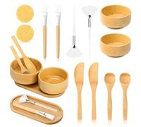 14 piezas de suministros de esteticista de bambú, 2 cuencos para mezclar máscaras faciales, 2 cepillos de abanico, 2 cepillos faciales planos, 2 espátulas de máscara, 2 cucharas de crema facial, 2