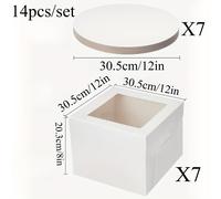 14 piezas/Set (7 Cajas y 7 Tableros) de Panadería Blanca de 12 Pulgadas con Ventana, Cajas Grandes para Hornear, Cuadrada para Pasteles de Múltiples Capas, Suministros para Decoración