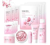 14 Piezas Set de Cuidado Facial Sakura, Set de Cuidado Diario de la Piel con Limpiador, Cápsulas de Suero, Tónico, Limpieza y cuidado Facial, Mascarilla facial, para Adolescentes y Mujeres