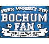 14 x 20 cm Cartel de chapa para aficionados al fútbol, aquí vive un fan de Bochum - Placa de pared, placa para puerta, placa de puerta, cartel para puerta, divertido mensaje de fútbol, artículo para