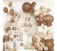 140 piezas de decoraciones de baby shower marrón café - Kit de guirnalda de arco de globos neutros con 4 cajas de bebé - Globos beige moca arena nude para tema de oso de peluche, un bebé está