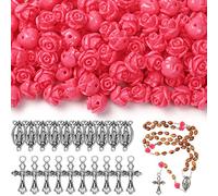 140 piezas de Rosario Kit Cruz Cruz Cruz Crucifijo, cuentas de flor rosa de 8 mm, colgante de plata de Jesús María para Rosario Pulsera Collar Rosario Rosario Rosario (rosa)