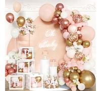 144 decoraciones de baby shower de oro rosa para niña, kit de arco de guirnalda de globos rosa con 4 cajas de bebé, globos de confeti dorados metálicos para cumpleaños de princesa, fondo de despedida