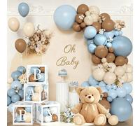 144 decoraciones de oso de peluche para baby shower para niño, suministros de fiesta We Can Bearly Wait, kit de arco de guirnalda de globos azul marrón con 4 cajas de bebé para telón de fondo de