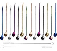 14Pcs Cuchara Pajitas De Metal Inox Paja Revolviendo, BetterJonny 2 en 1 Cuchara Pajita de Paja de Metal Reutilizable con 2 Cepillos de Limpieza para Cócteles Café Latte 7 Colores(B)