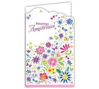 15-6503 Tarjeta con sobres Feliz Cumpleaños para Niña Mujer Ramo de Flores de Campo Campestro Mariposas Libélulas Lápices de color Rosa Púrpura Azul - Hecho en Europa