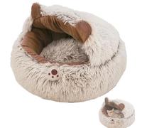 15.75 Inch Cat Bed Cave, Plush Winter Cat & Dog Cave Bed, Hooded Calming Pet Nest with Removable Washable Cushion, Anti-Slip Design for Small/Medium Pets (Brown, S)