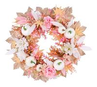 15.75 Inch Fall Wreath with White Pumpkins & Pink Flowers, Rustic Harvest Festival Door Hanging, Farmhouse Floral Wreath for Front Door, Autumn Thanksgiving Harvest Home Decor