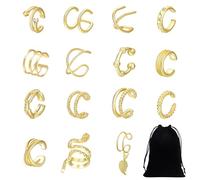 15 Clips de Oreja Dorados con Bolsa de Almacenamiento - Pendientes para Mujer, Cartílago, Orejas Perforadas, Enrollables (Dorado), Metal