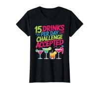 15 Drinks per Day Challenge Accepted Party Level Expert Camiseta gráfica económica, Mujer, Negro, L