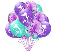 15 globos de fiesta de sirena, 12 pulgadas bajo el mar, temática de sirena, juego de globos de fiesta temática de sirena, globos de látex de helio, confeti, morado, azul, globos de sirena, globos para