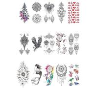 15 hojas de pegatinas de tatuajes temporales de flores y mariposas for mujeres y hombres, tatuajes falsos de luna, rosa y brújula.(A)