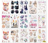 15 Hojas Pegatinas De Tatuaje De Gato Lindo Con Purpurina Impermeable Para Niños Pegatinas Temporales Brillantes De Acuarela