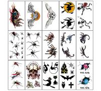 15 Hojas Tatuajes Temporales Halloween de Escorpión Arañas Esqueleto para Halloween Maquillaje Fiesta de Disfraz Cosplay