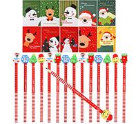 15 lápices navideños con borradores y 10 minicuadernos navideños, cuaderno con patrón de muñeco de nieve, Papá Noel y alce para regalos de Navidad
