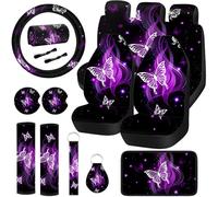 15 Pcs Butterfly Car Seat Covers Full Set Butterfly Front Rear Seat Covers Steering Wheel Cover Wrist Strap Coasters Armrest Shoulder Pads (Purple Glitter Butterfly Style)