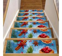 15 peldaños de escalera para peldaños de madera, 8 x 30 pulgadas, alfombra antideslizante para interiores, para niños, ancianos y mascotas, acuarela, Navidad, galletas de jengibre, bayas rojas y caja