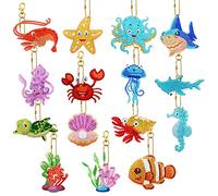 15 Piezas 5D DIY Pintura de Diamantes Llavero Ocean Series Full Drill Diamond Painting Key Rings Kits Diamond Art Keyrings Crystal Rhinestone Colgante Decoración Arte Artesanía para Niñas Mujeres