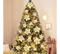 15 Piezas de Flores de Pascua Artificiales con Purpurina de Navidad, tamaño Grande, Adornos para árbol de Navidad de 8.7 Pulgadas con Clips (Dorado)