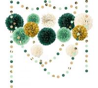 15 Piezas Flores de Papel Decorativos Verde, Pompones de Papel de Seda, Guirnalda de papel con pompones y lunares de papel de seda verde bosque, para Bodas, Fiestas de Cumpleaños, Baby Shower, Jardín