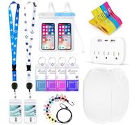 15 piezas imprescindibles para crucero, incluye etiquetas de equipaje de crucero, cordón de crucero, bolsas impermeables para teléfono, tendedero de viaje, cesta emergente, clips de toalla, regleta de