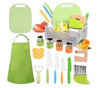 15 Piezas Juego Cuchillos Cocina Niños, Utensilios Cocina Montessori, Cuchillo Aprendizaje Niños 2 años,Incluye Delantal de Cocina, Tabla de Cortar, para Cortar y Cocinar Frutas o Verduras (Verde)