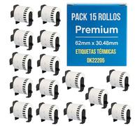 15 Rollos de Etiquetas DK22205 compatible con Brother QL - Cinta Continua de Papel Térmico 62mm x 30.48metros para Impresoras QL-500 550 570 700 710W 720NW 800 810W 820NW