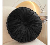 15'' Round Velvet Pleated Throw Pillow for Couch - 1 Pc Pumpkin Boho Cushion, Fluffy Floor/Lumbar Pillow for Sofa, Chair, Bed & Home Decoration (Black)